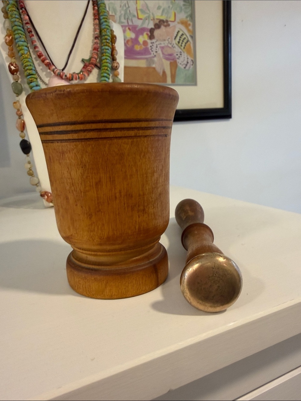 Wooden Vintage Mortar and Pestle with Brass Details